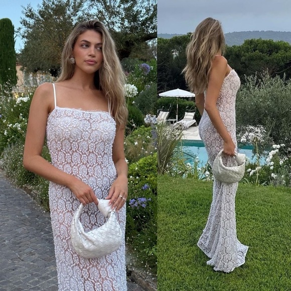 Retrofete Landy Sheer Lace Faux Pearl Adorned Maxi Dress White NEW with tag - Picture 10 of 14